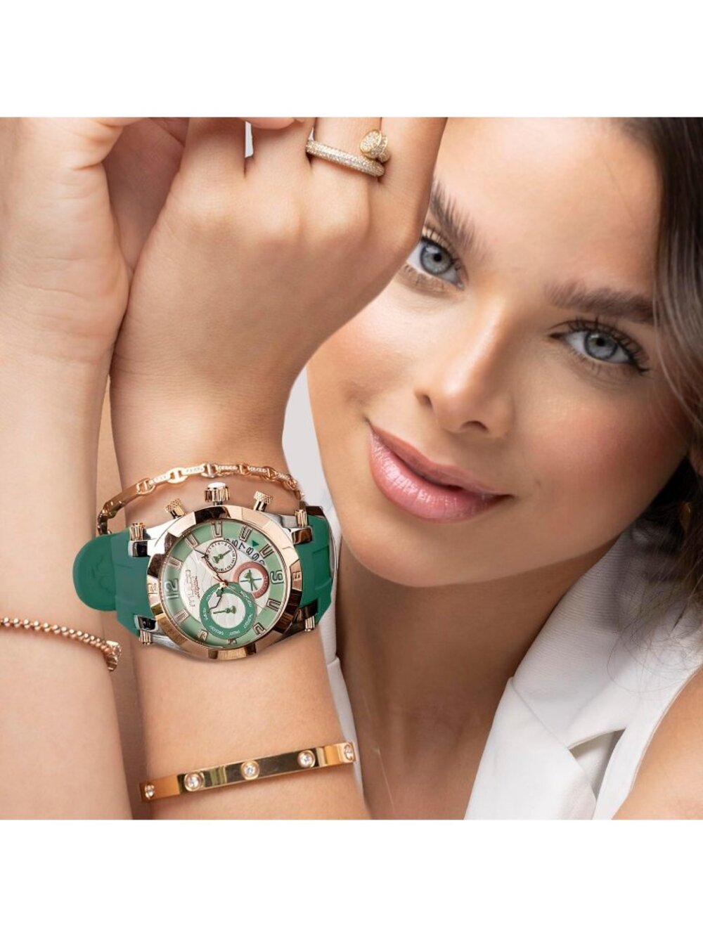 Women's Green Rose Gold Large Face Waterproof Stainless Steel Quartz Watches - Picture 6 of 7